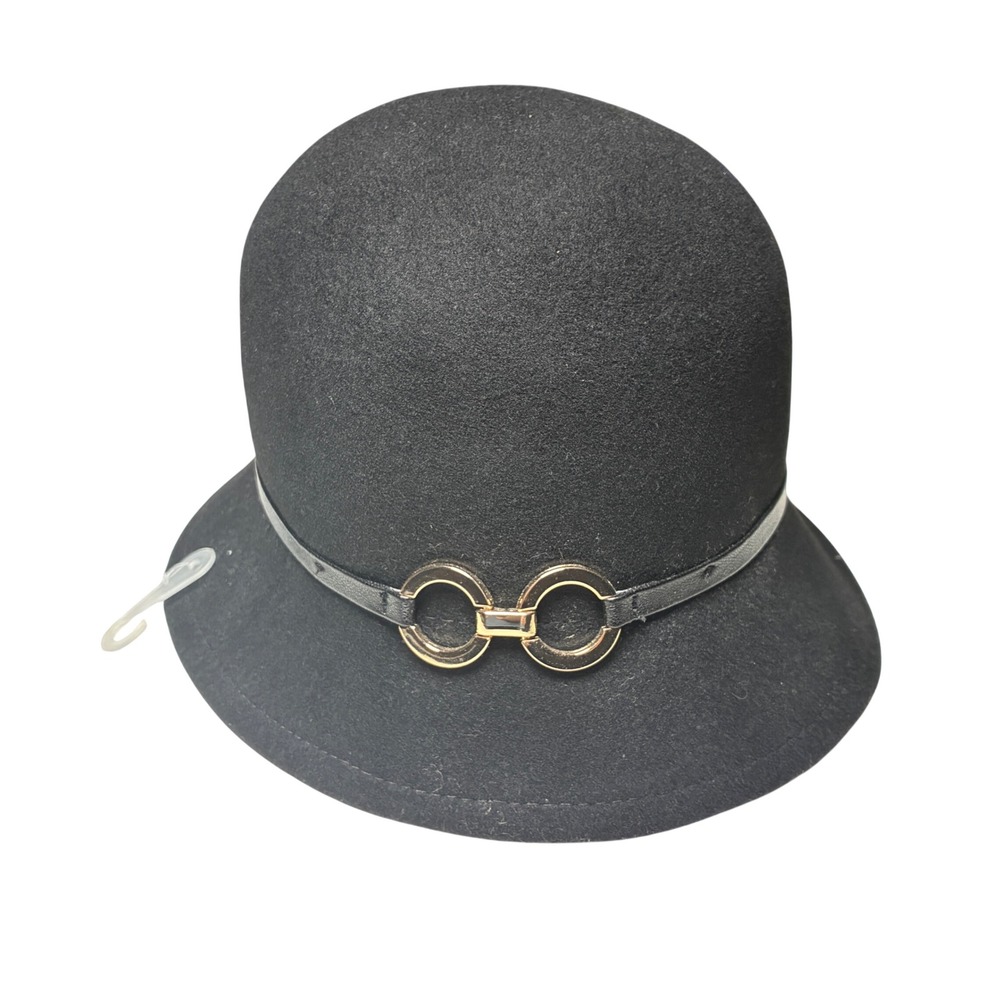 Liz Claiborne Black 100% Wool Cloche Hat Gold Ring Band NWT One Size